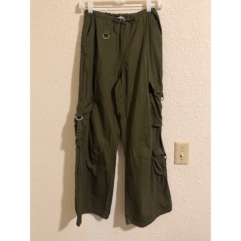 Angelkiss Womens Olive Green Cargo Pants Wide Leg Utility D-Ring Trousers Small